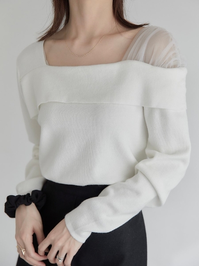 yRE ARRIVALz shoulder tulle layered knit / white