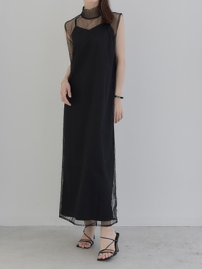 ySPECIALPRICEz lace sheer layered cami dress / black