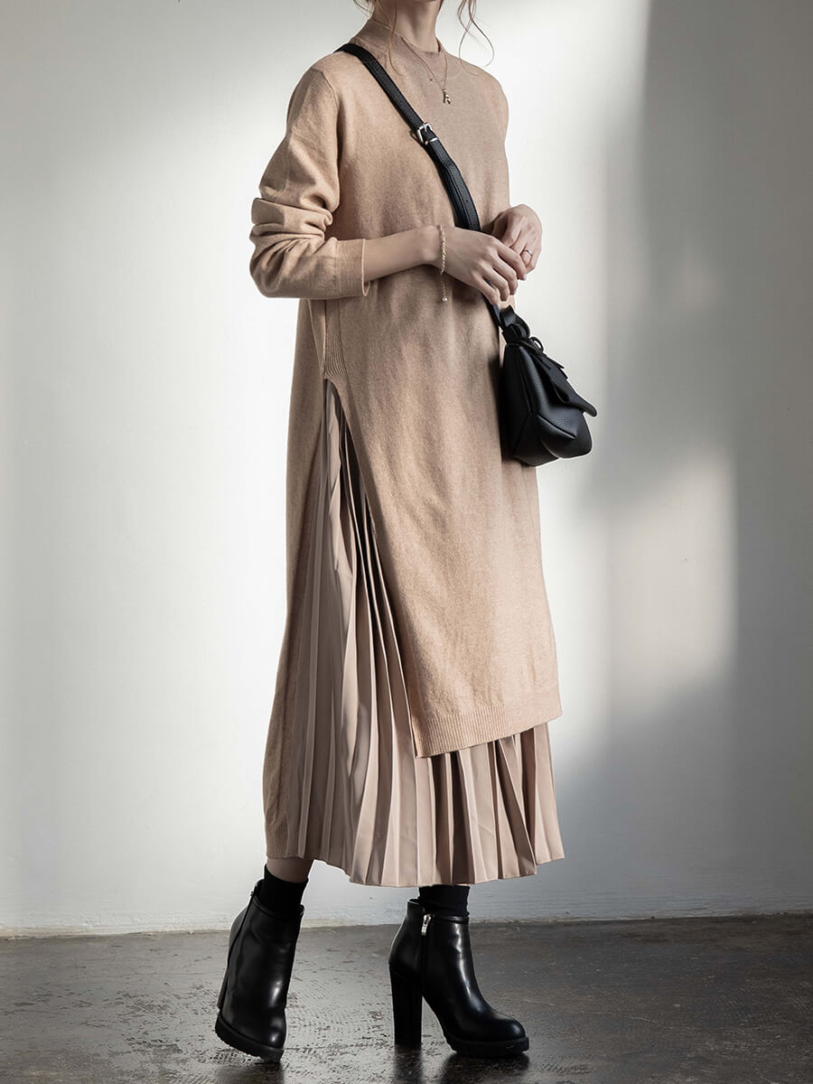 プリーツレイヤードワンピース Beige Amel プリーツレイヤードワンピース Beige Amel