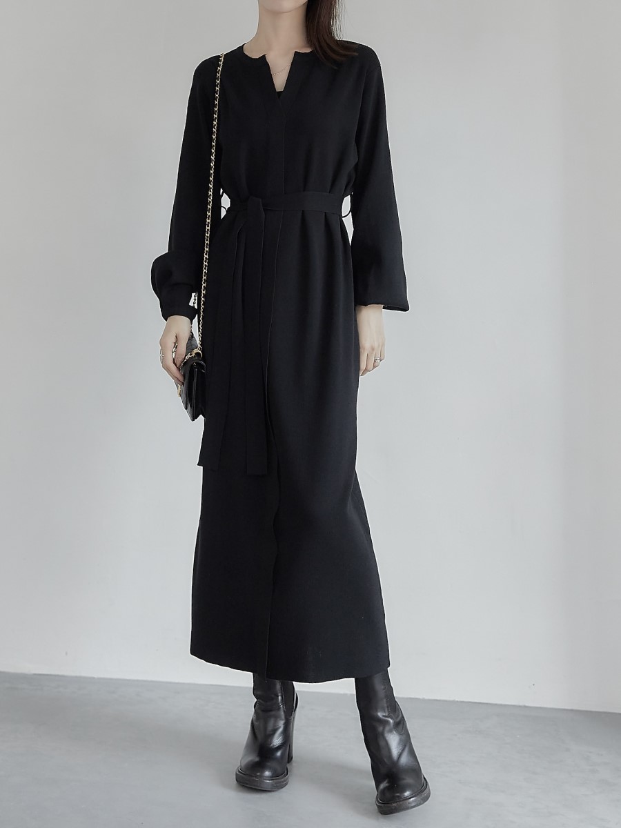 RE ARRIVAL】 waist mark knit onepiece / black amel