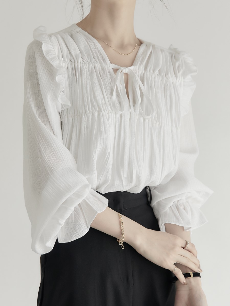 RE ARRIVAL】 ribbon gather blouse / white amel