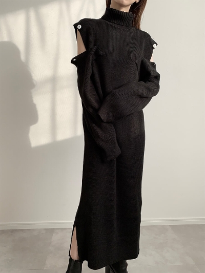 yRE ARRIVALzshoulder open knit dress / black