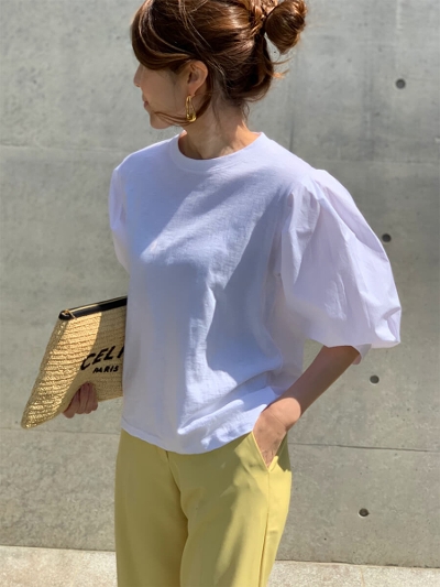 【予約販売】異素材MIXバルーンホワイトシャツ