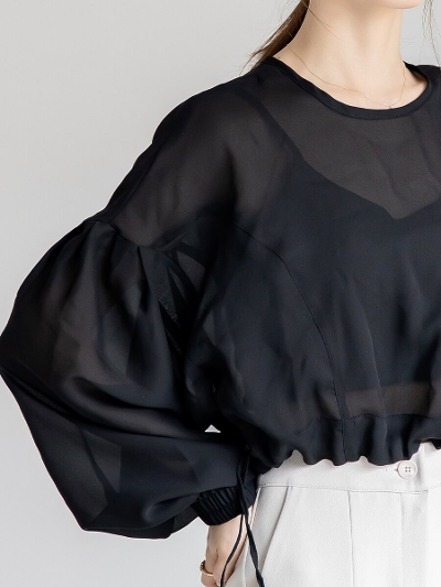 【RE ARRIVAL】 drawstring sheer blouse / black