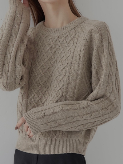【NEW】  crew neck cable Knit / mocha