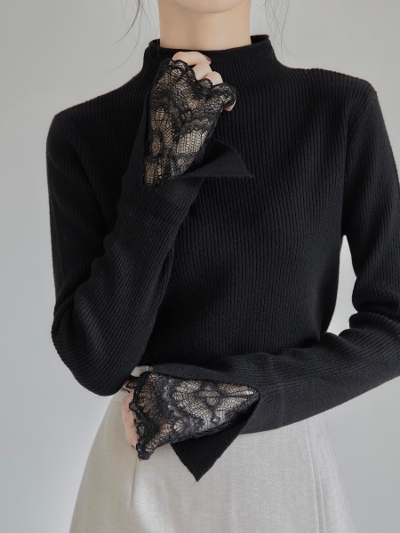 【RE ARRIVAL】 lace cuffs rib knit / black
