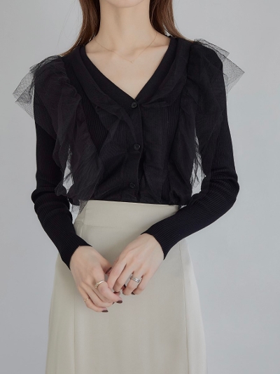 yRE ARRIVALz  tulle frill cardigan / black