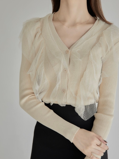 yRE ARRIVALztulle frill cardigan / beige