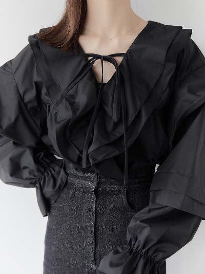 【RE ARRIVAL】 frill ribbon blouse / black
