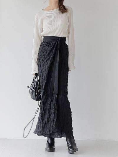 【NEW】 crinkle wrap ribbon skirt / black
