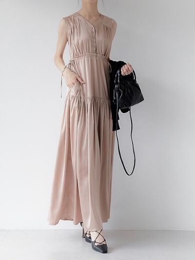 yRE ARRIVALz amel original mat satin long one piece / pink beige