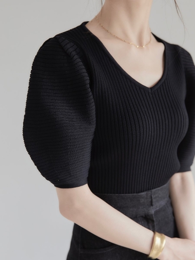 【NEW】 cocoon sleeve knit tops / black