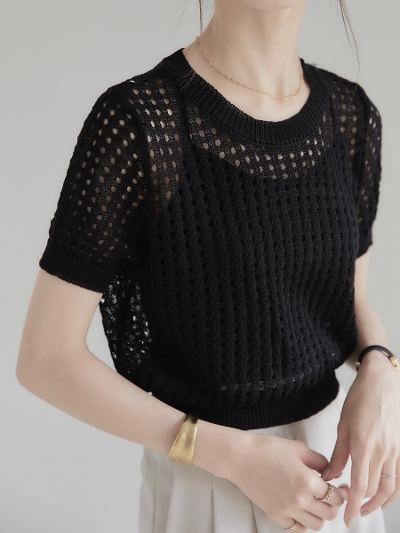 【NEW】 crochet knit compact tops / black