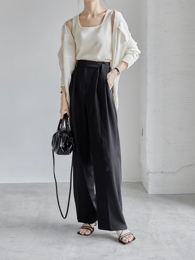 yNEWz ribbon tie slacks / black