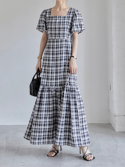 【NEW】 puff sleeve tiered dress / check