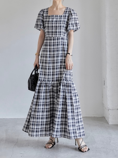 yNEWz puff sleeve tiered dress / check