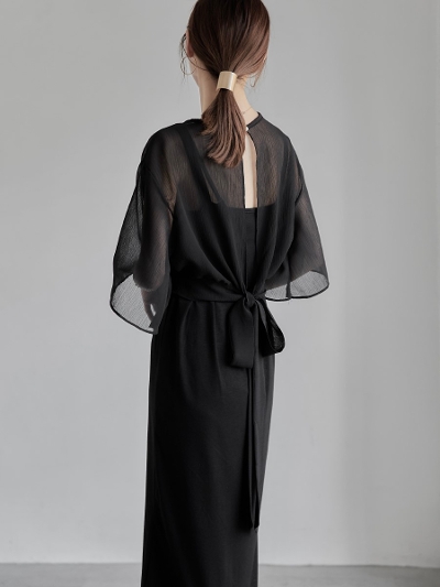 【NEW】 sheer blouse set dress / black