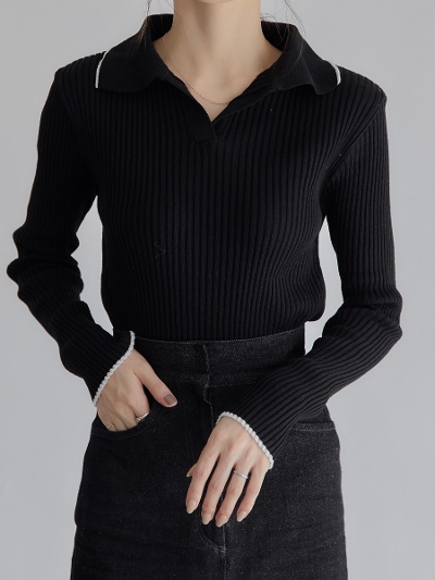 【NEW】 bicolor polo neck knit / black