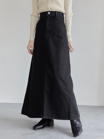 【NEW】 black denim flare skirt