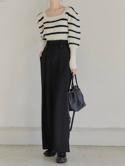 【NEW】 button tuck wide pants / black