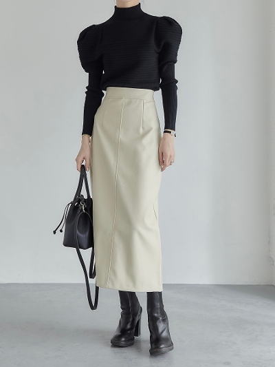 【NEW】 back slit eco leather skirt / ivory