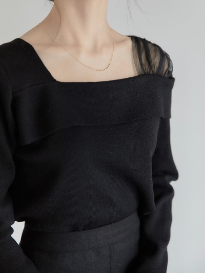 【NEW】 shoulder tulle layered knit / black