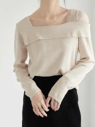 【NEW】 shoulder tulle layered knit / beige