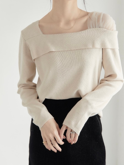 yRE ARRIVALzshoulder tulle layered knit / beige