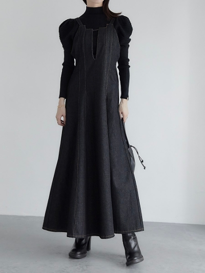 yRE ARRIVALz black denim flare onepiece