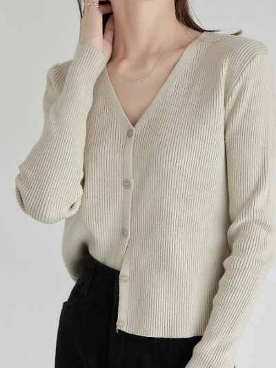 yRE ARRIVALz v neck rib knit cardigan / light khaki