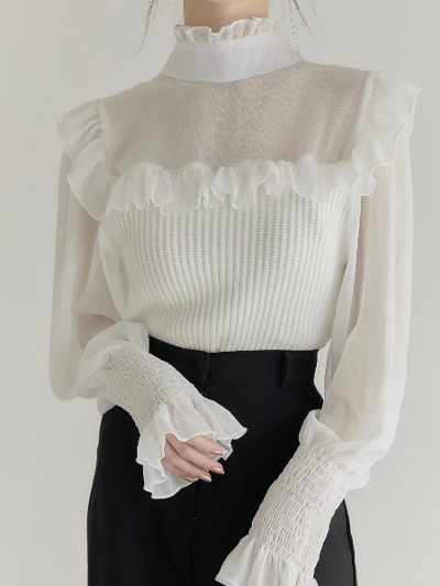 【RE ARRIVAL】 back ribbon sheer docking knit / white
