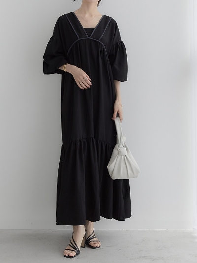 【NEW】 piping puff silhouette dress