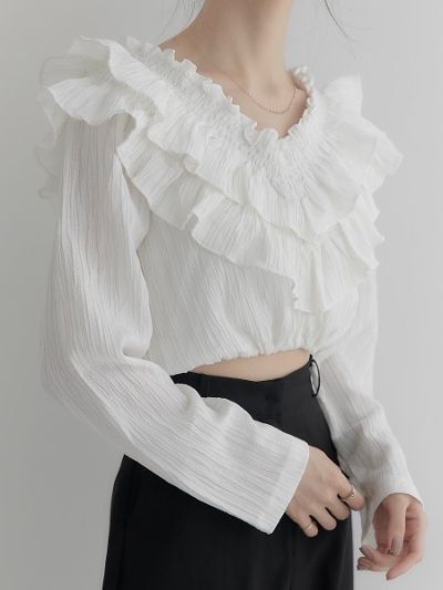 【RE ARRIVAL】 ruffle frill blousing blouse / white