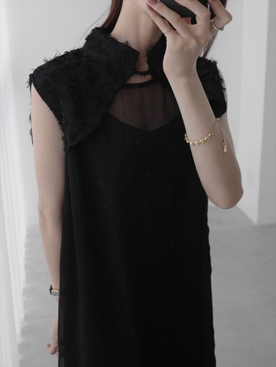 【NEW】 feather collar layered dress / black