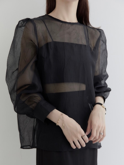 yNEWz puff shoulder sheer tops / black