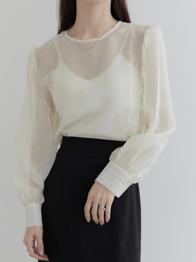 yRE ARRIIVALzpuff shoulder sheer tops / beige