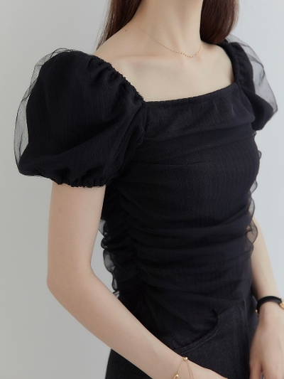 yRE ARRIVALz tulle layered puff tops / black