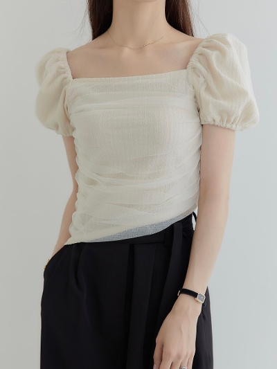 yRE ARRIVALz tulle layered puff tops / beige