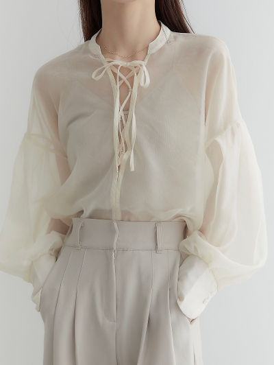 【RE ARRIVAL】 lace up sheer blouse / ivory
