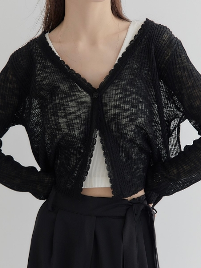 yNEWz scallope sheer cardigan / black