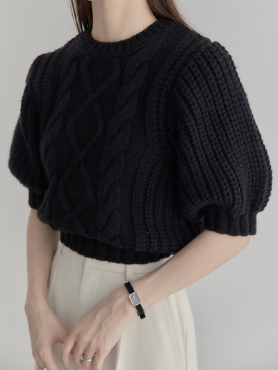【NEW】 amel original puff cable knit tops / black
