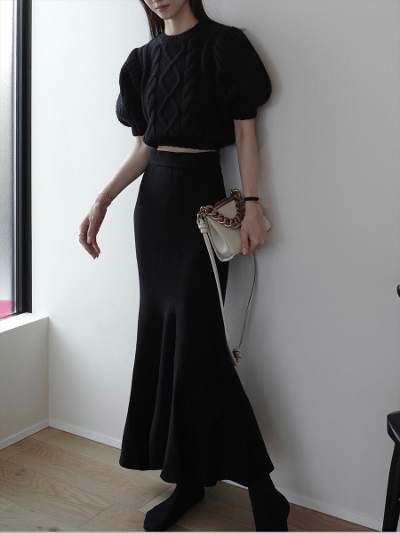 yRE ARRIVALzamel original puff cable knit tops / black