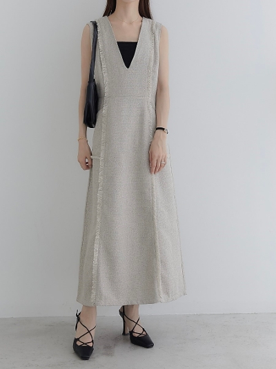 【NEW】 fringe line tweed dress