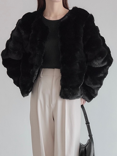 【RE ARRIVAL】 eco fur no collar jacket / black