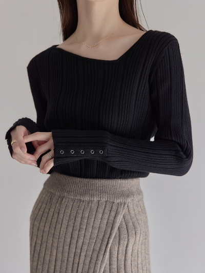 yNEWz button sleeve rib knit / black