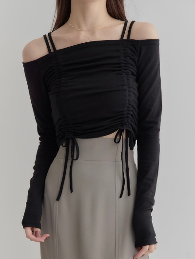 yNEWz drawstring gather tops / black