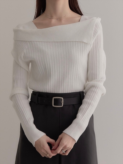 【NEW】 asymmetry collar rib knit