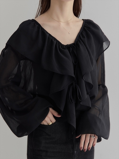 【NEW】double ribbon frill blouse / black