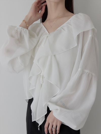 【NEW】double ribbon frill blouse / white