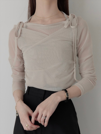 yRE ARRIVALztulle layered ribbon tops / pink beige